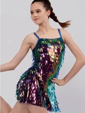 Weissman Iridescent Multi-Color Sequin Fringe Dance Dress